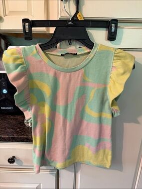 Zara Pastel Swirl Ruffle Sleeve Top - Mint, Pink & Yellow